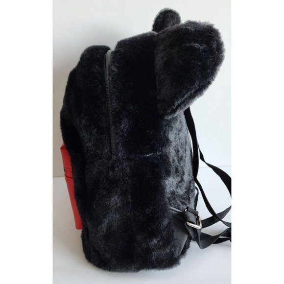 Mickey Mouse Disney Black Furry Backpack Red Front Pocket Ears & Luggage Tags - Picture 2 of 15